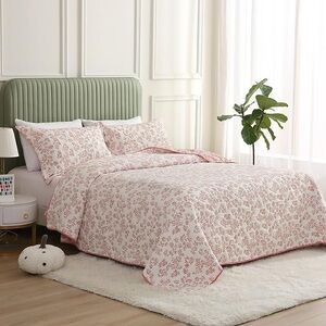 Pink Floral Twin Size Jacquard Embroidered Coverlet Bedspread and Sham Set